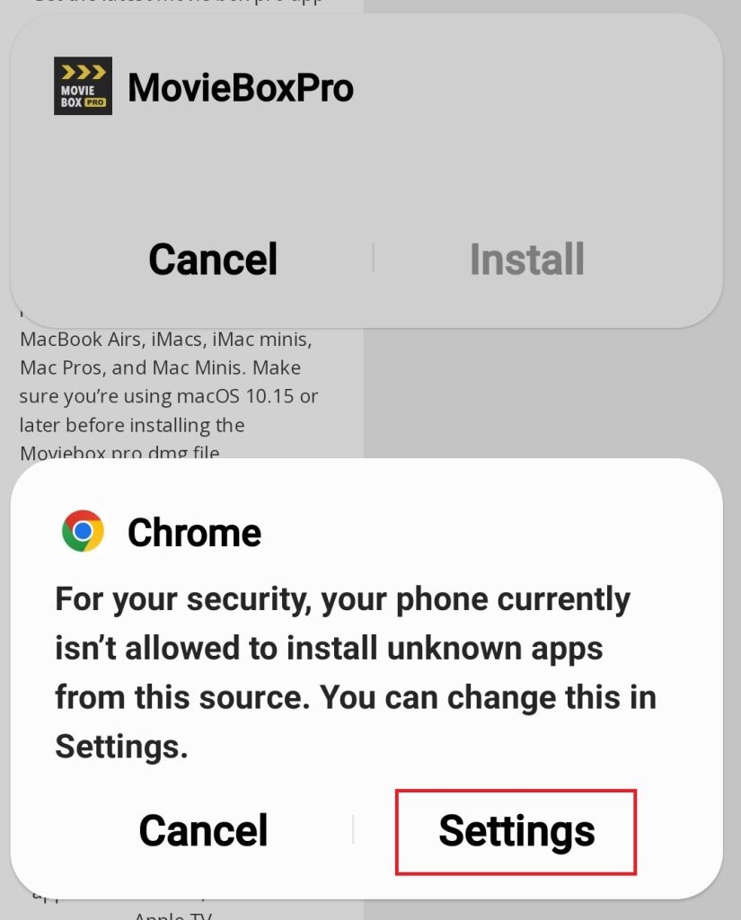 Android security settings message for unknown apps install