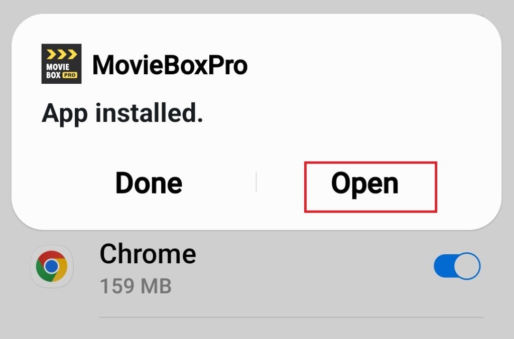 click open button to run installed moviebox pro apk app